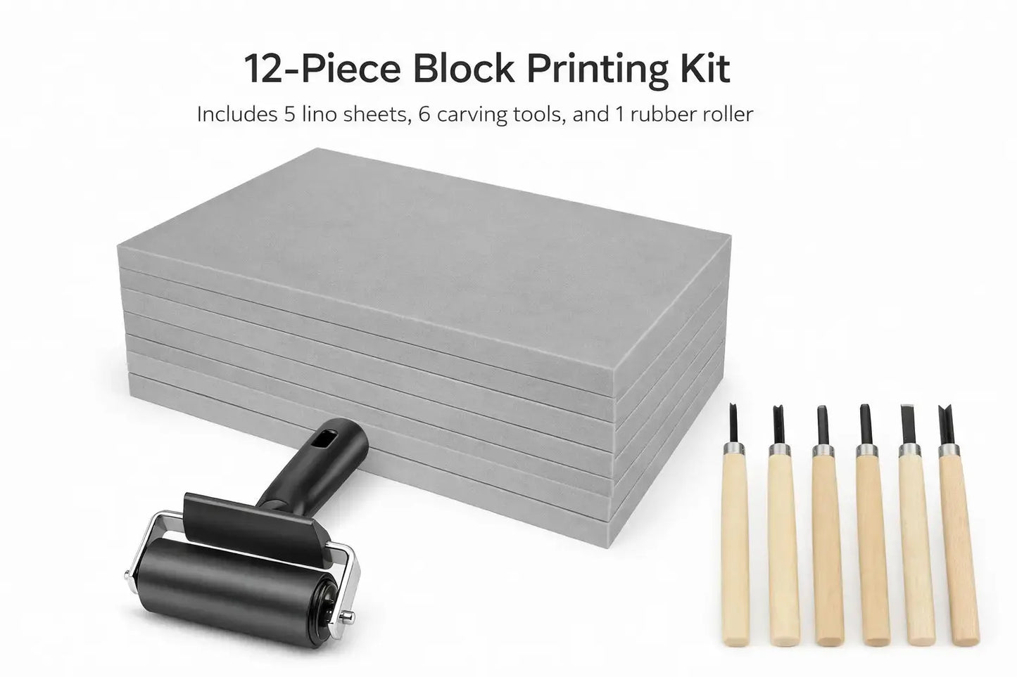 12 - Piece Block Printing Kit – 5 Lino Sheets, 6 Carving Tools, 1 Rubber Roller - Asell Press