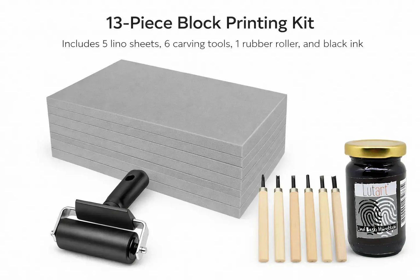 13 - Piece Block Printing Kit – 5 Lino Sheets, 6 Carving Tools, 1 Rubber Roller, 1 Black Inck - Asell Press