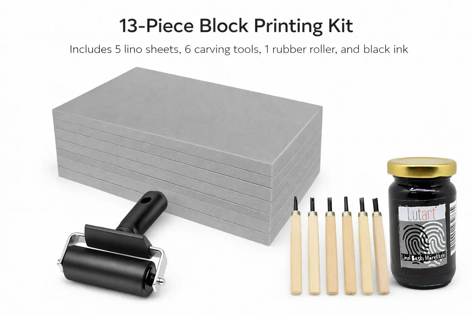 13 - Piece Block Printing Kit – 5 Lino Sheets, 6 Carving Tools, 1 Rubber Roller, 1 Black Inck - Asell Press